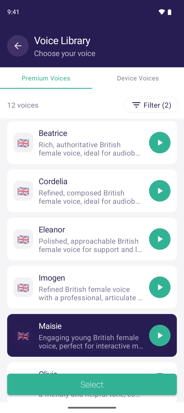 Choosing Maisie, a young British female voice, in the MyVoice voice library